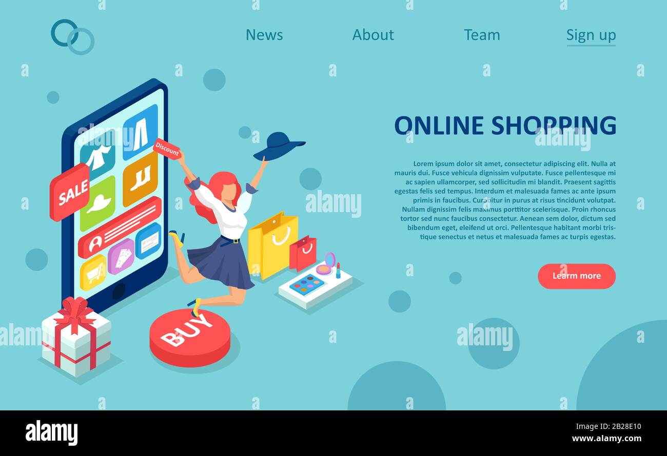 Vektor einer glücklichen Frau, die online zu ermäßigten Preisen einkauft Stock Vektor