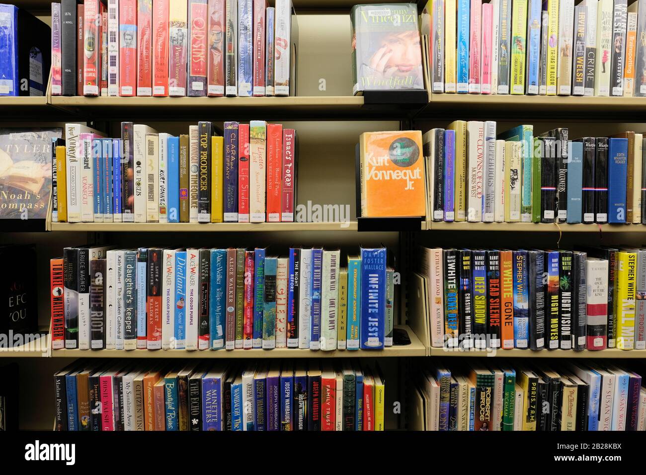 Teil V durch w Abschnitt einer öffentlichen Bibliothek, mit Autoren wie Gore Vidal, Kurt Vonnegut, Alice Walker und David Foster Wallace. Stockfoto