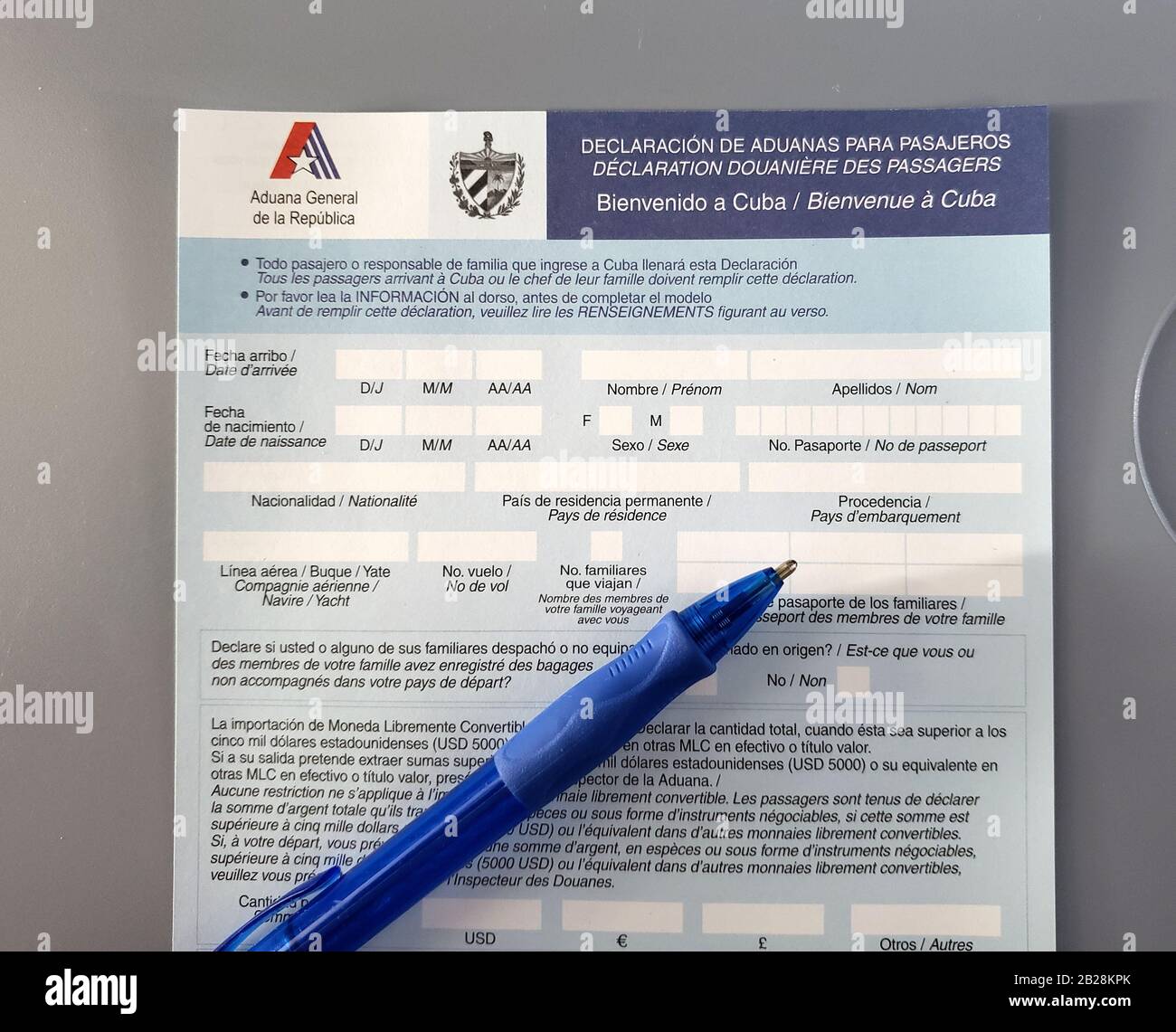 Formular für die Visa-Erklärung in Kuba. Dieses Formular sollte von jedem Besucher oder Touristen ausgefüllt werden, der Kuba besucht. Stockfoto