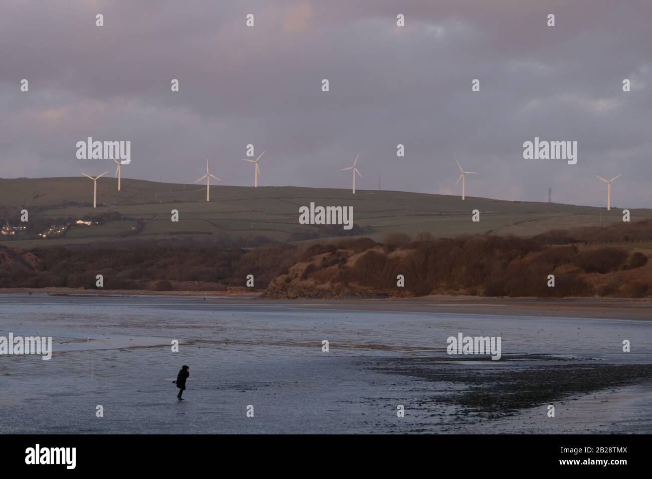 Großbritannien, Sandscale Haws National Nature Reserve, Cumbrian Coast. Frühjahr 2020. Entfernte Windfarm auf den Furness Hills, Kirkby Moor von Roanhead UK aus gesehen. Stockfoto