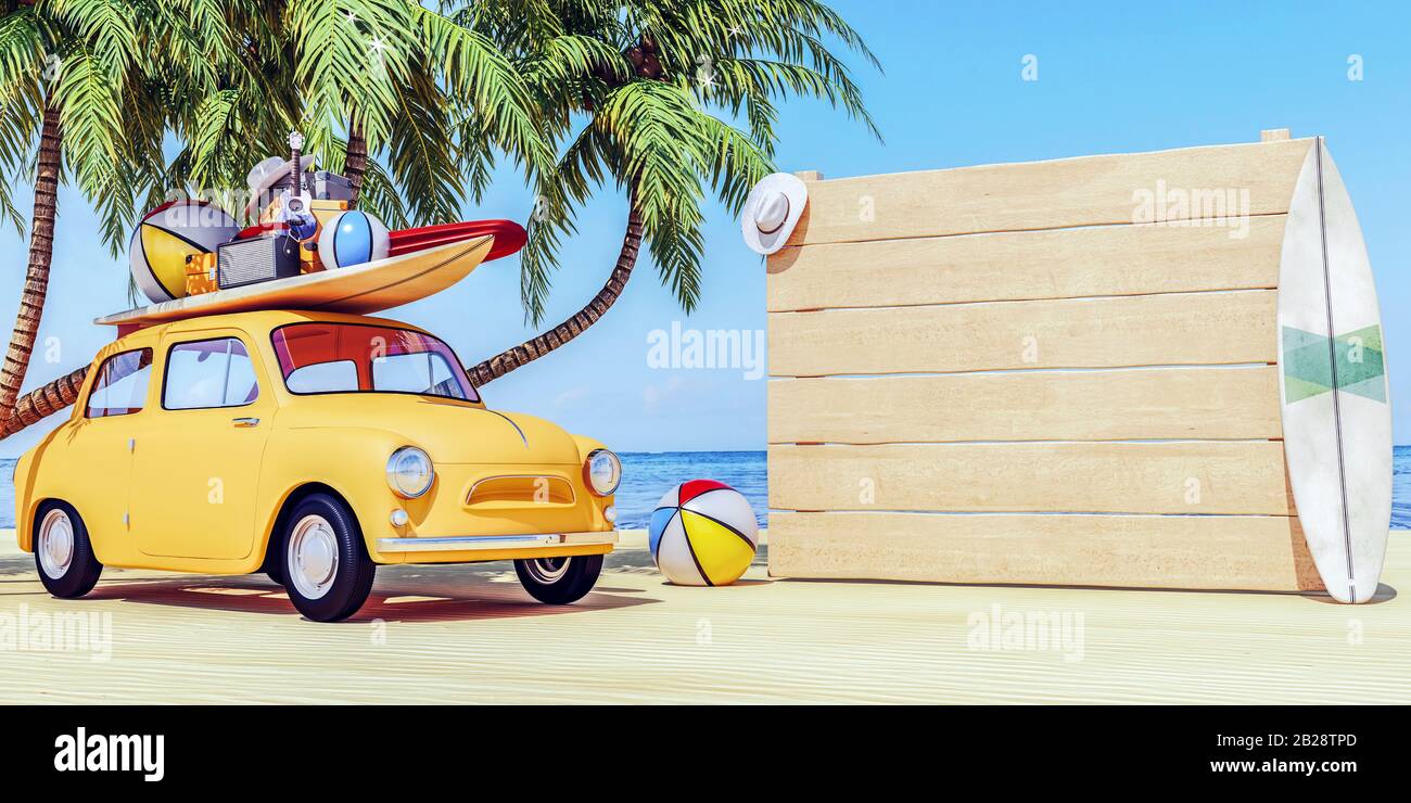 Kleines Retro-Auto mit Gepäck und Strandausrüstung, leere weiße Holztafel auf der rechten Seite, bereit für Sommerferien, 3D-Rendering, 3D-Illustration Stockfoto