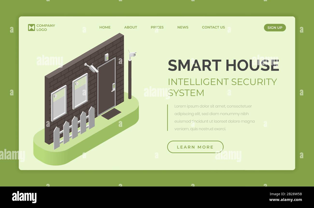 Intelligente Haus-Vektorvorlage für intelligente Sicherheitssysteme. Wand, Tür und Fenster mit Videoüberwachungskameras, Alarmsirene und Signalanlage im isometrischen Stil. Stock Vektor