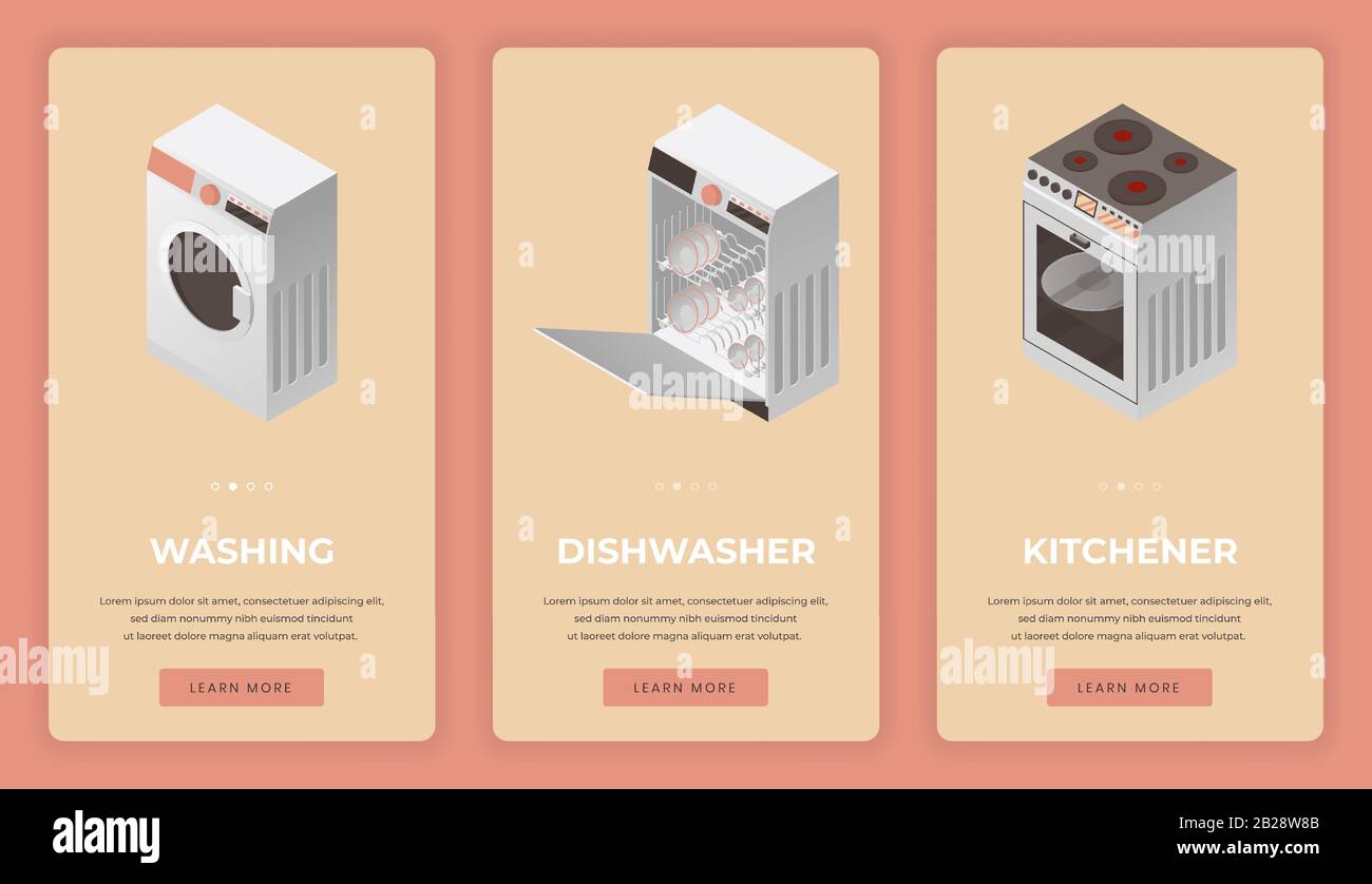 Küchengeräte und Haushaltsgeräte Vektor mobile App-Bildschirme. Waschmaschine, Geschirrspülmaschine, gefüllt mit sauberen Platten und Elektroherd mit Typografie. Stock Vektor