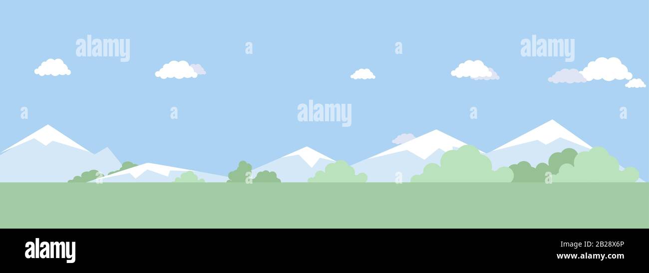 Sommerliche Natur Landschaft Vektor flache Abbildung. Wolken, Gras, Bäume, Büsche und Berge, schöner Blick auf die Vorstadt. Sommerlich grünes Gras, blau bewölkt Himmel Landeshintergrund. Stock Vektor