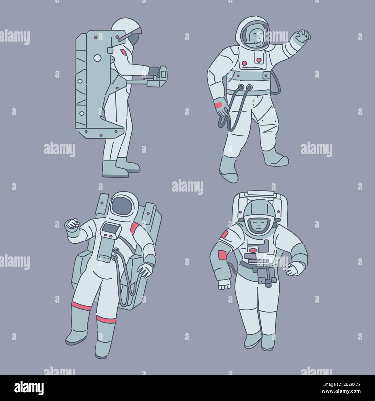 Astronauten in Raumanzünen isoliert auf blauem Hintergrund. Raumfahrer, Kosmonauten mit Vektorgrafiken für Raumgeräte. Der Raumflug von Menschen, das gehen zwischen Planeten und Sternen umreißen das Konzept. Stock Vektor