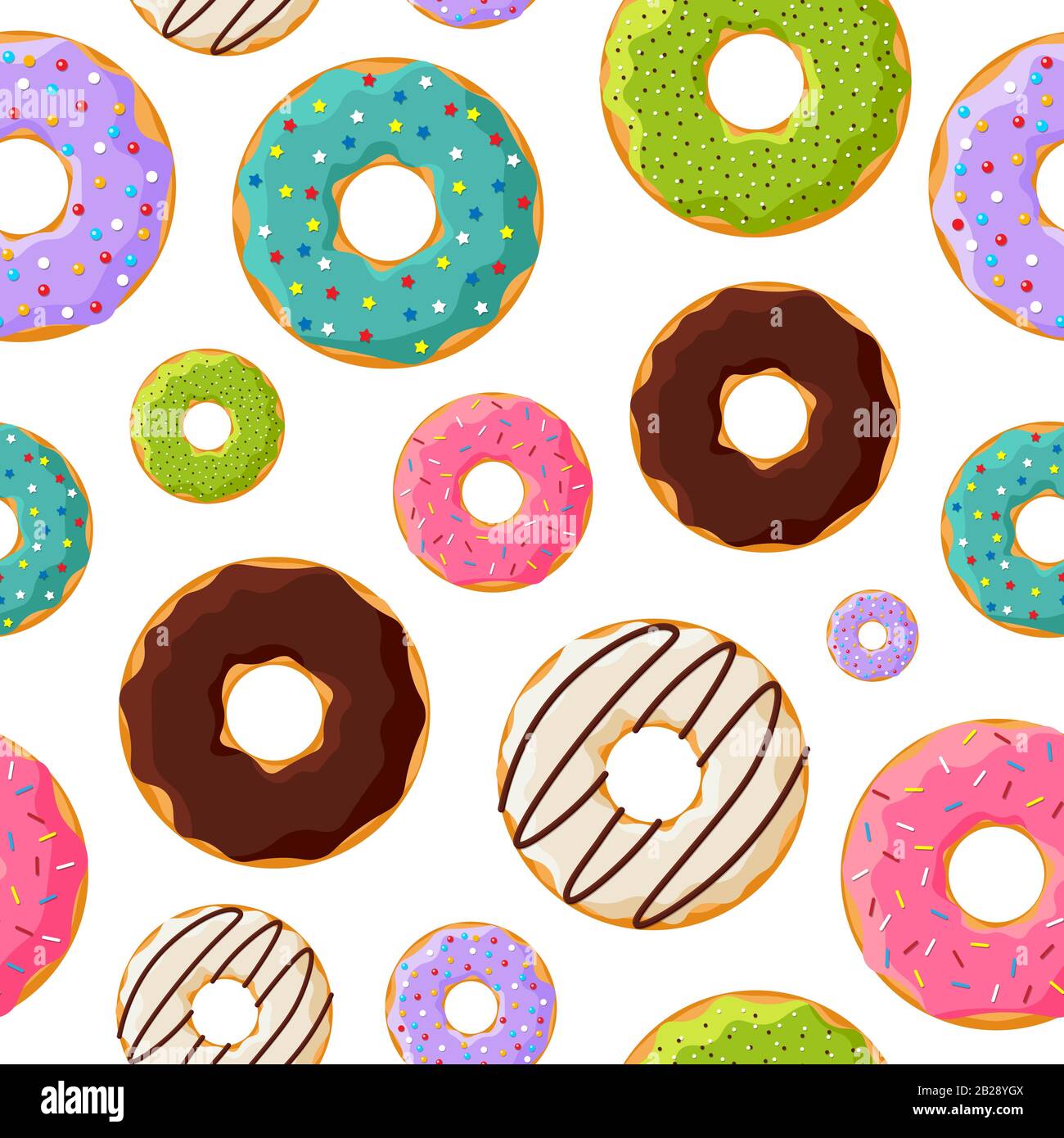 Bunte glasierte süße Donuts nahtloses Muster auf weißem Hintergrund. Vector Backwaren eps-Illustration Stock Vektor