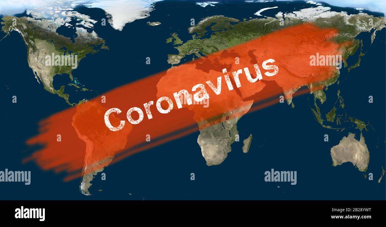 COVID-19 Epidemie, Wort Coronavirus auf globaler Karte. Neuartiger Coronavirus-Ausbruch in China. Die Verbreitung des Corona-Virus in der Welt. Coronavirus Infektionsrisiko Stockfoto