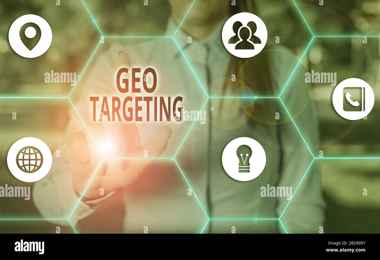 Handschrift text Geo Targeting. Konzeptionelle foto Methode zur Bestimmung der Geolocation Besucher dieser Website Stockfoto