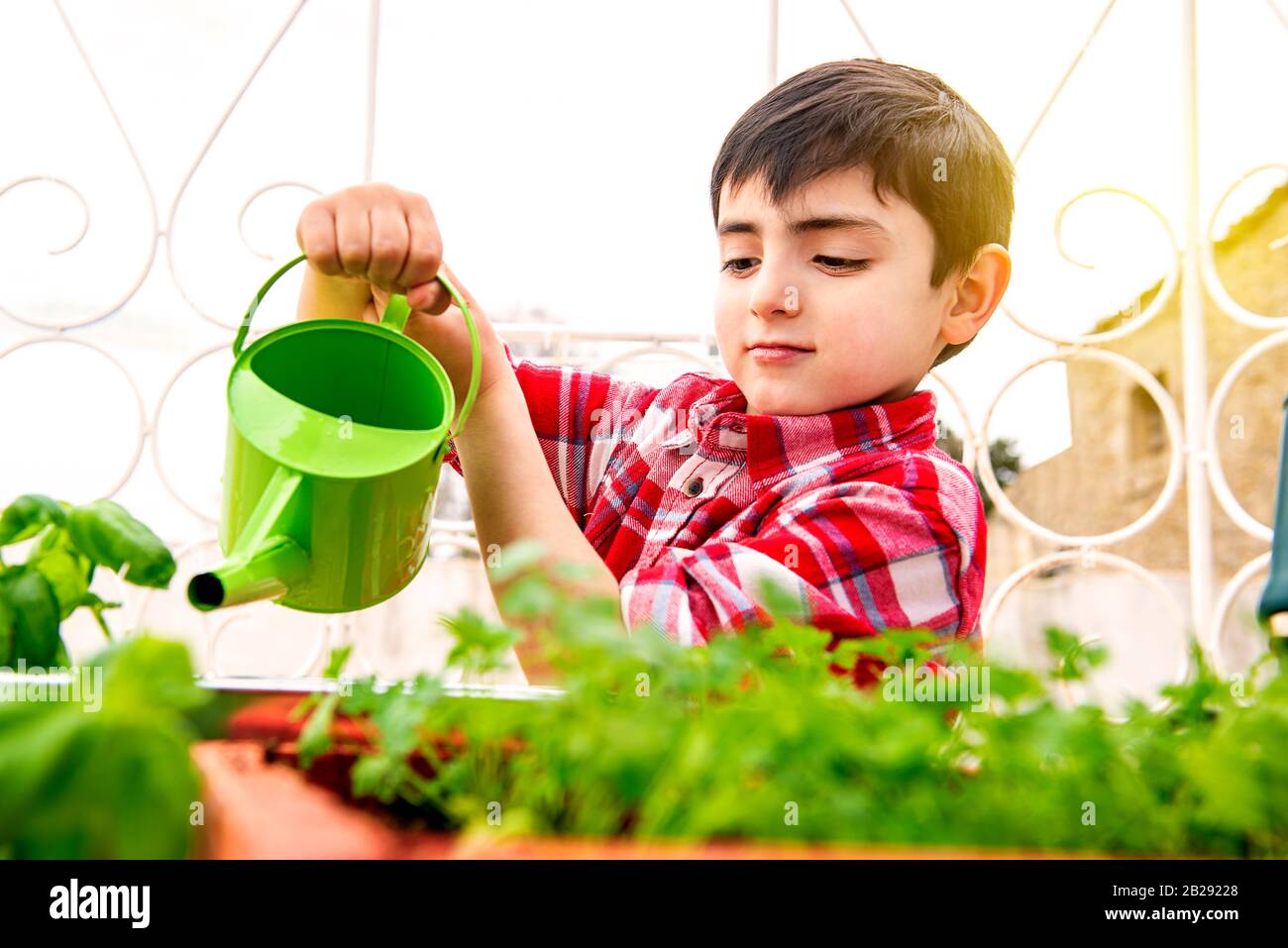 Kinder, die im Garten arbeiten, gehen an die Tür Stockfoto