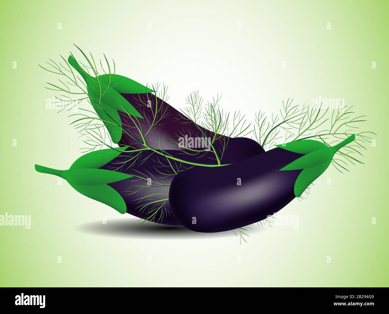 Rustikale Illustration. Veganes Abendessen. Grüner Bauernhof. Lila Aubergint. Gourmetküche. Stock Vektor
