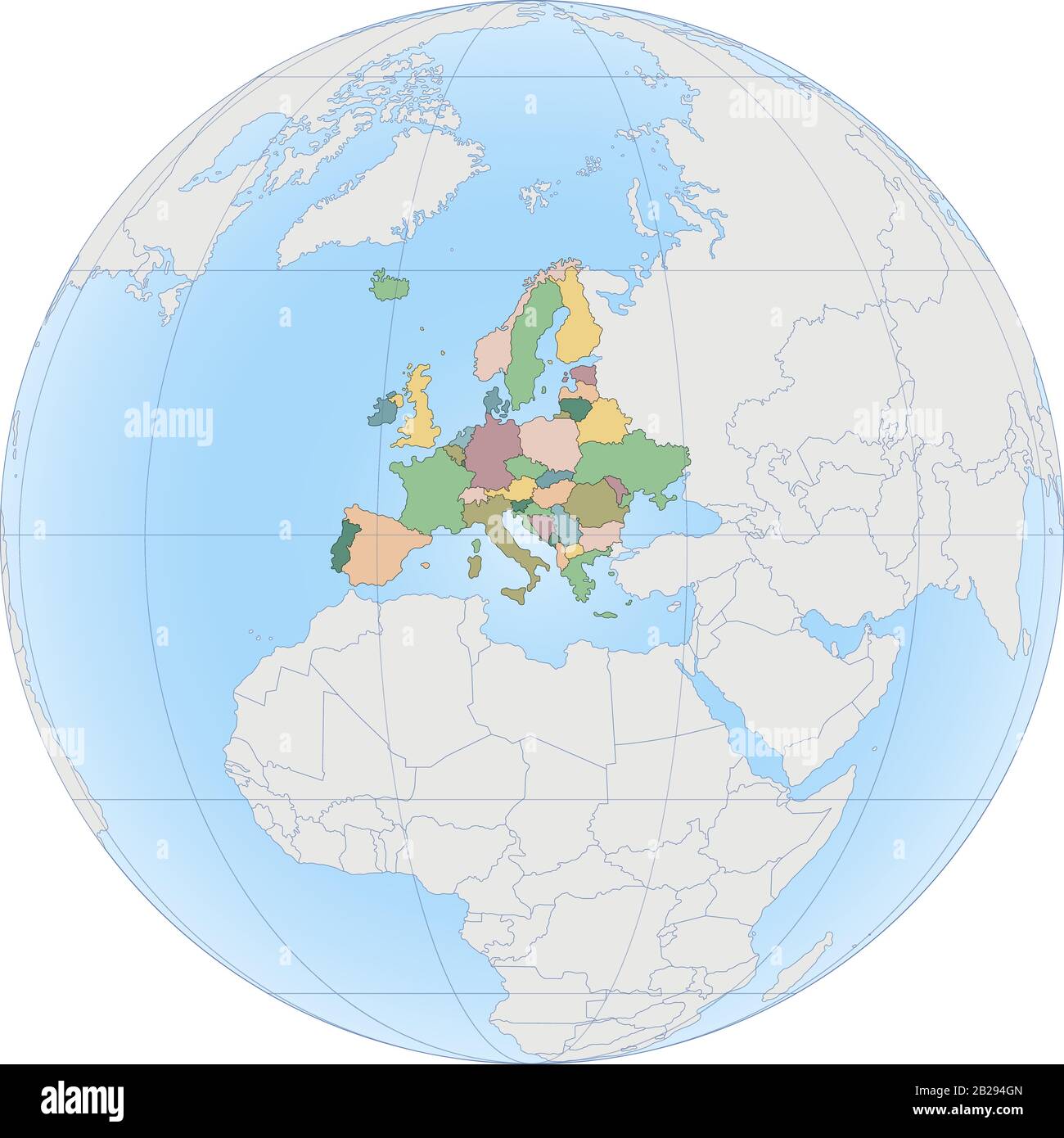 Der europäische Kontinent ist nach Ländern auf dem Globus aufgeteilt Stock Vektor