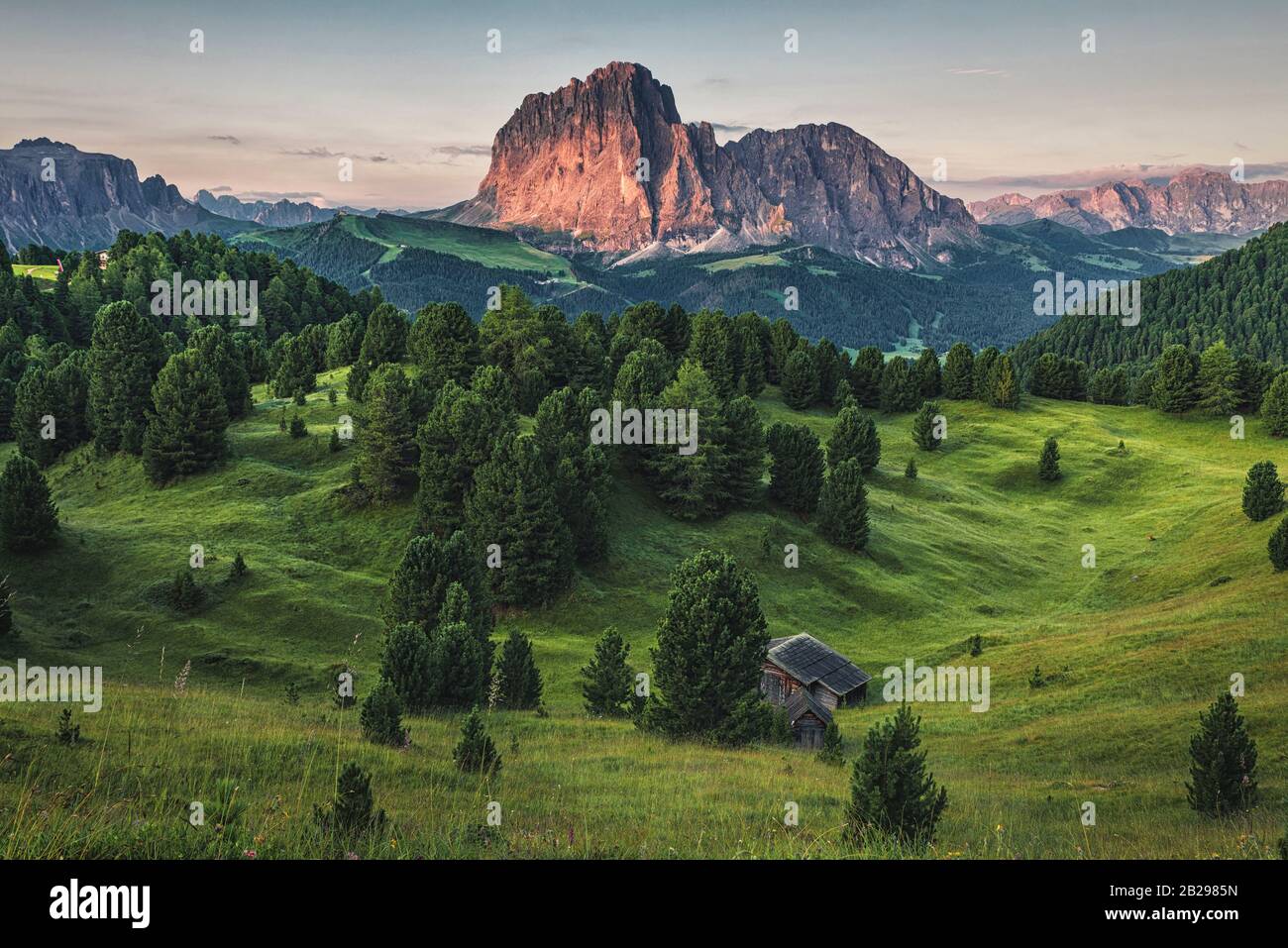 Schöne italienische Berglandschaft in den Doldenbergen mit Wiesen und Wald in Südtirol oder in Alto Adige bei Sonnenaufgang. Italien, Europa Stockfoto