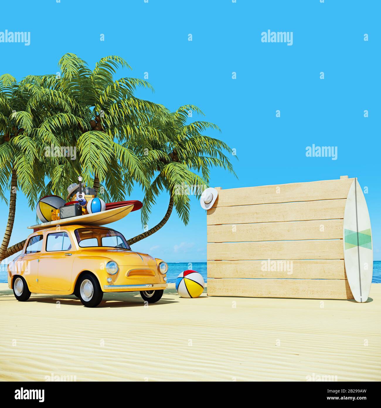 Kleines Retro-Auto mit Gepäck und Strandausrüstung, leere weiße Holztafel auf der rechten Seite, bereit für Sommerferien, 3D-Rendering, 3D-Illustration Stockfoto