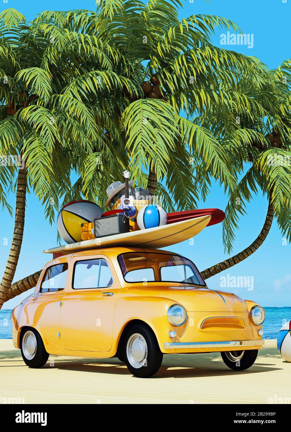 Kleines Retro-Auto mit Gepäck und Strandausrüstung, bereit für Sommerferien, 3D-Rendering, 3D-Illustration Stockfoto