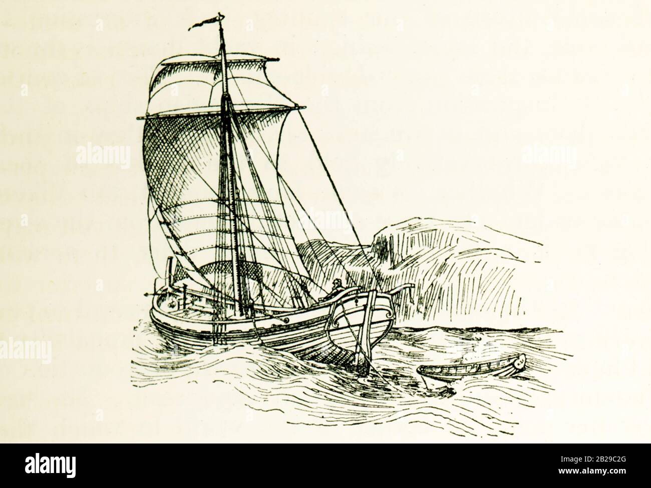 Diese Abbildung eines norwegischen Jaegt stammt aus den 1890er Jahren. Das Schiff verfügt über einen einzelnen Mast, ein Quadratsegel, quadratisches topsegel und eine Motorhaube zum Quadratsegel. Das Wort "Yacht" leitet sich von der norwegischen Jaegt ab. Aus diesen Schiffen entwickelte sich der Kutter, ein einmastiges Handwerk, das mit Vorder- und Rückensegeln, Vorsegeln und Auslegern manipuliert wurde und ein quadratisches topsegel und manchmal ein topgalantes Segel darüber trug. Stockfoto