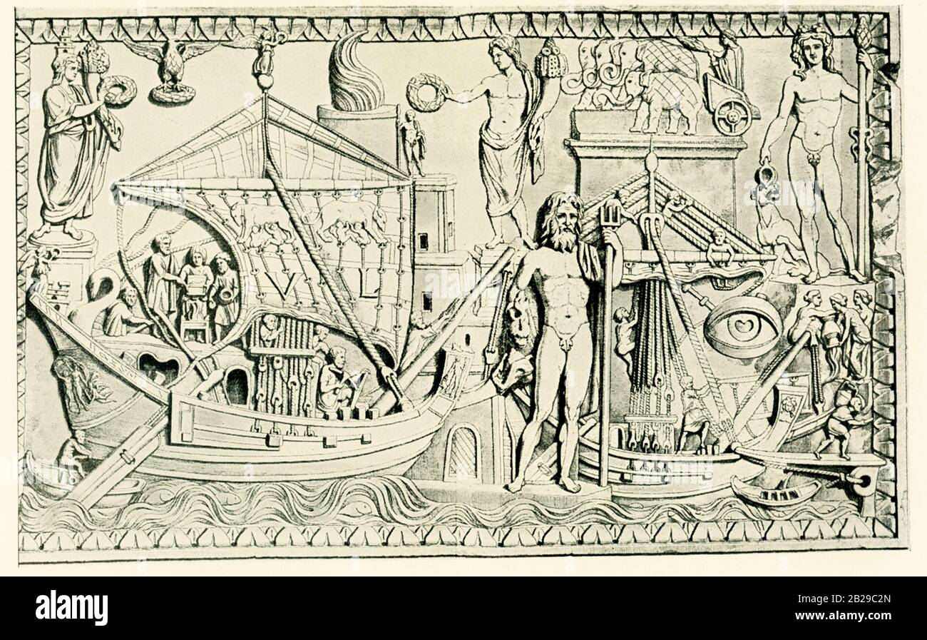 Hier in dieser Abbildung Anfang der 1900er Jahre sind römische Handelsschiffe zu sehen. Beachten Sie, dass links oben auf dem Segel Figuren der Zwillinge Romulus und Remus sind, die den Wolf saugen. Stockfoto