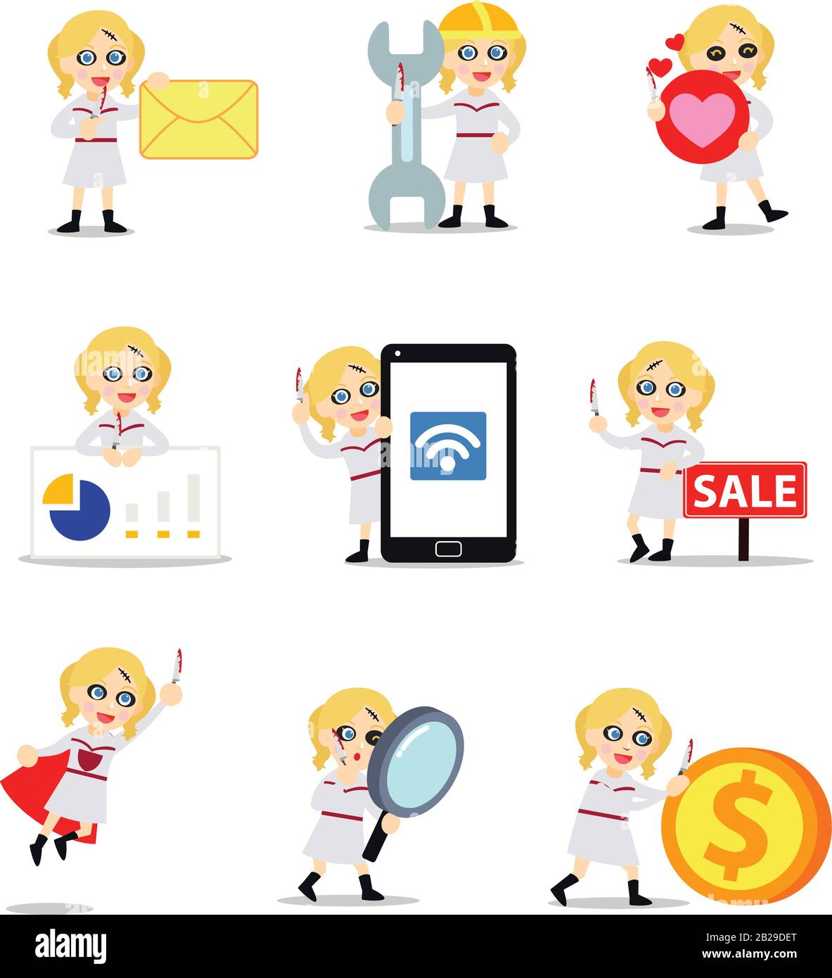 Figur der Frau, die von einer Killerpuppe getötet wurde. Stock Vektor