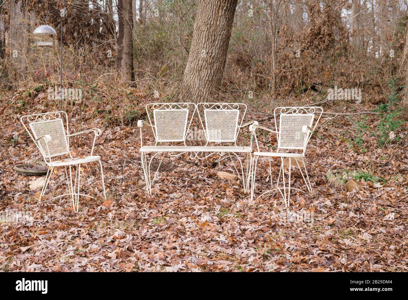Eine Terrasse mit Möbeln ist ein unerwarteter Fund im Freien in einer waldreichen Umgebung. Stockfoto