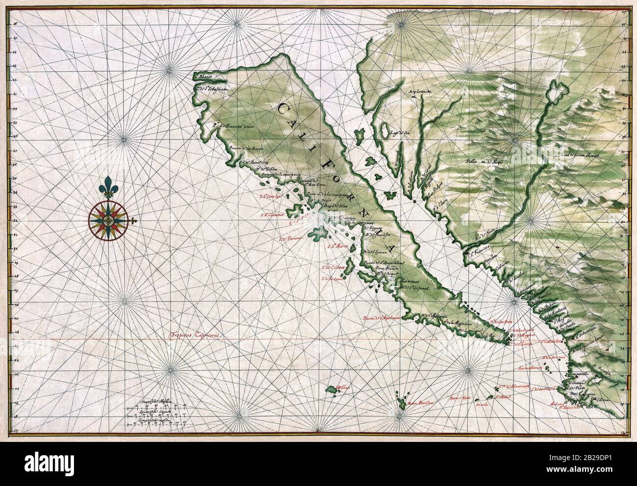 Karte von Kalifornien als Insel. Tinte und Aquarell mit bildlichen Reliefformationsfetzen - Johannes Vingboons, ca. 1650 Stockfoto