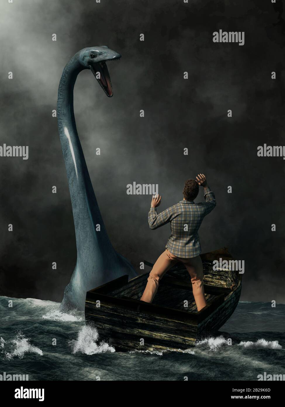 Inmitten von dunklem Nebel und rauem Wasser trifft ein Mann in einem alten Boot auf das berühmteste Kryptid, das Monster von Loch Ness. Stockfoto