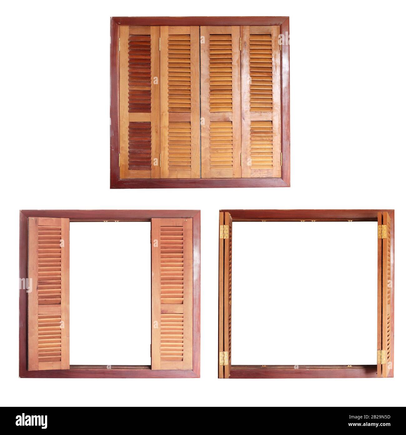 Retro-Fensterrahmen mit Holzläden. Isoliert auf weißem Hintergrund. Satz alter Holzfenster mit offenen und geschlossenen Fensterläden Stockfoto