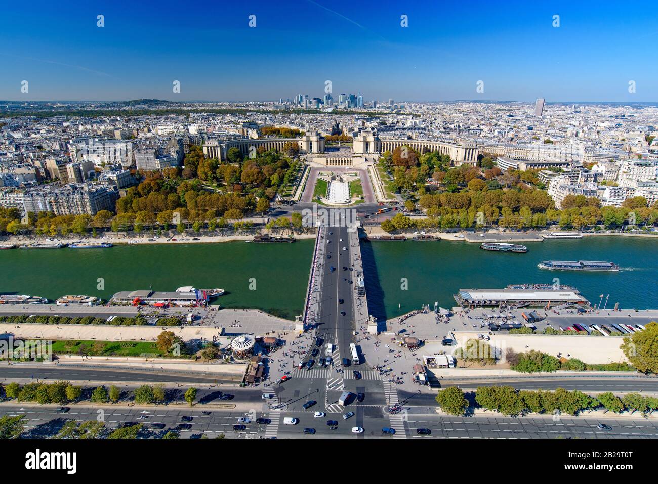 Luftansicht des Palais de Chaillot, der seine und der Skyline der Pariser Stadt vom Eiffelturm, Paris, Frankreich, Europa Stockfoto