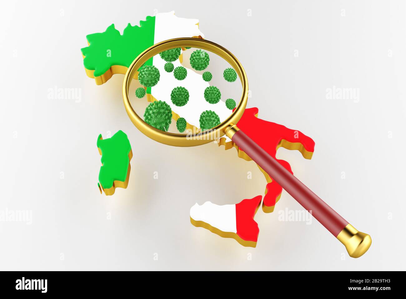 Bild von Coronavirus auf einer Karte von italien. Die Epidemie in Italien. 3D-Rendering Stockfoto