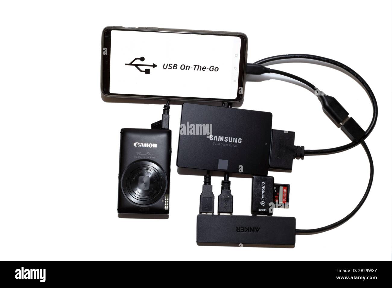 Android-Smartphone mit Massenspeichergeräten und einer Kamera, die über ein USB OTG (usb on the go) angeschlossen ist, isoliert auf weißem Hintergrund. Stockfoto