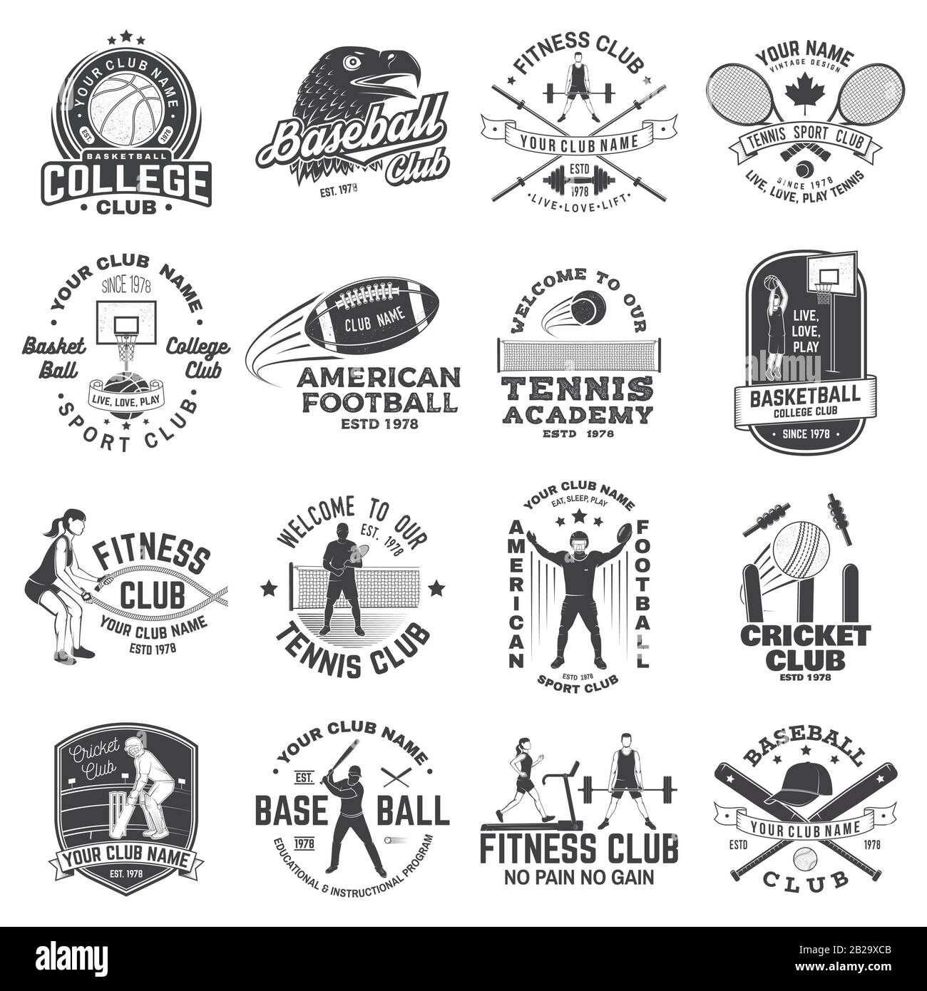 Set aus american Football, Fitness, Basketball, Cricket, Tennis, Baseball-Club-Abzeichen. Vektorgrafiken für Hemd, Logo, Druck, Stempel. Vintage-Design mit Sportlerspieler, Helm und Ballsilhouette Stock Vektor