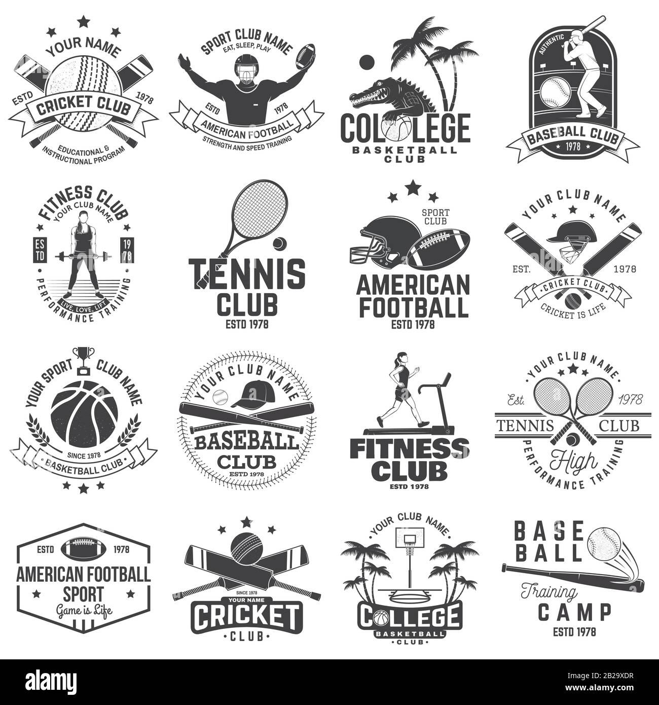 Set aus american Football, Fitness, Basketball, Cricket, Tennis, Baseball-Club-Abzeichen. Vektorgrafiken für Hemd, Logo, Druck, Stempel. Vintage-Design mit Sportlerspieler, Helm und Ballsilhouette Stock Vektor