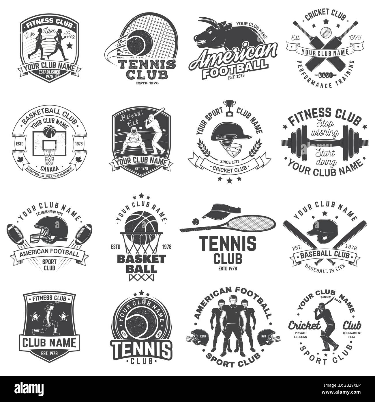 Set aus american Football, Fitness, Basketball, Cricket, Tennis, Baseball-Club-Abzeichen. Vektorgrafiken für Hemd, Logo, Druck, Stempel. Vintage-Design mit Sportlerspieler, Helm und Ballsilhouette Stock Vektor