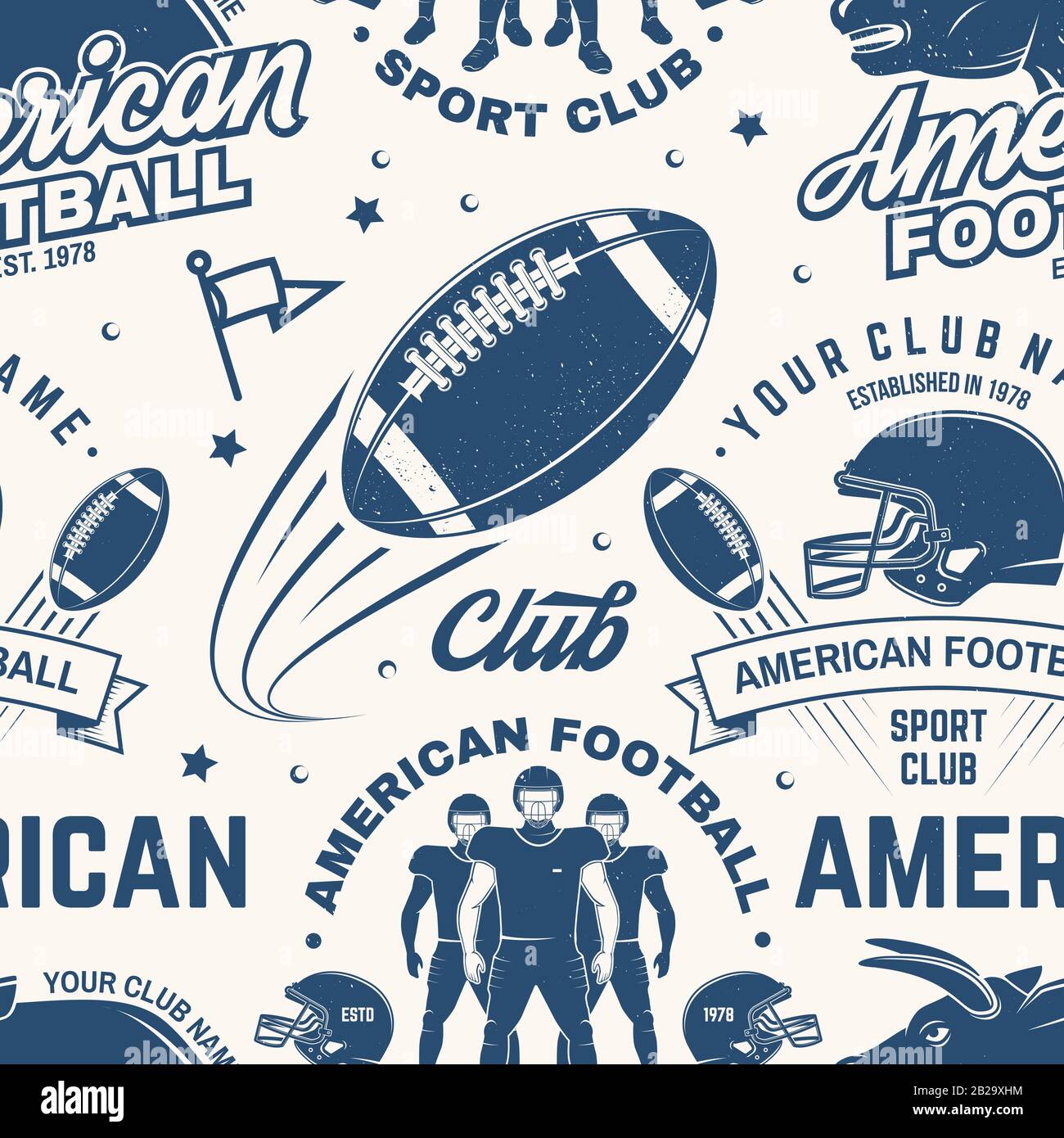 American Football nahtloses Muster, Hintergrund. Vektorgrafiken. Nahtloses Sportmuster mit Stier, Sportlerspieler, Helm, Ball und Schulterpolster Silhouette. American Football Sport Club Struktur Stock Vektor