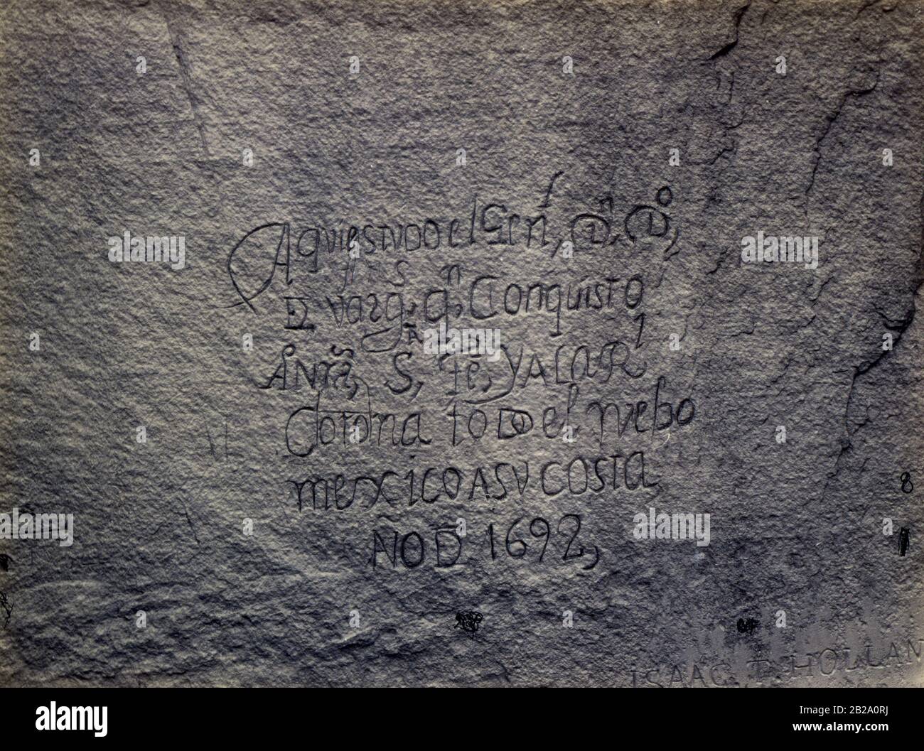 Historische spanische Aufzeichnung der Eroberung, Südseite des Inschrift Rock, New Mexico Stockfoto