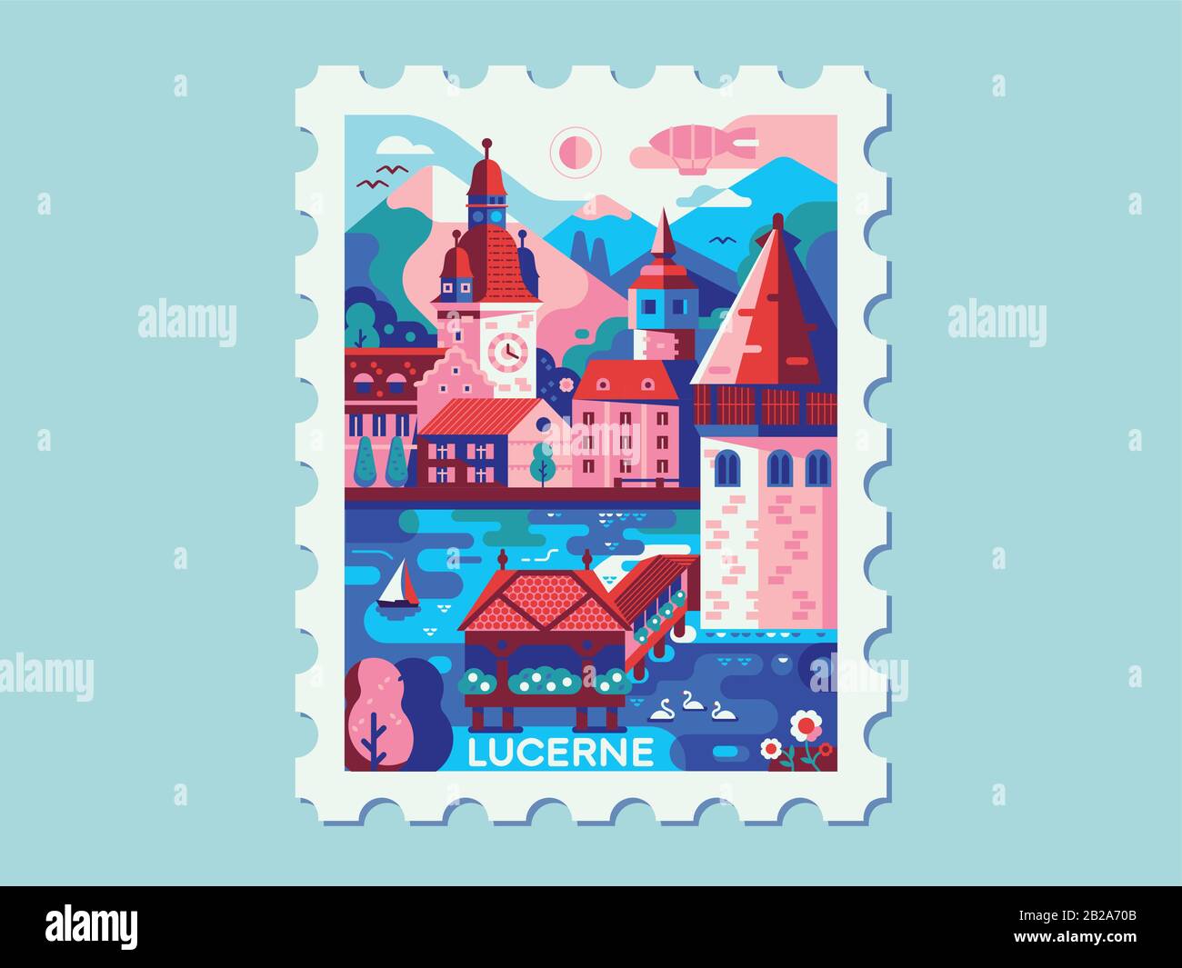 Alps Mountains Stadt Luzerner Vintage Travel Mark Stock Vektor