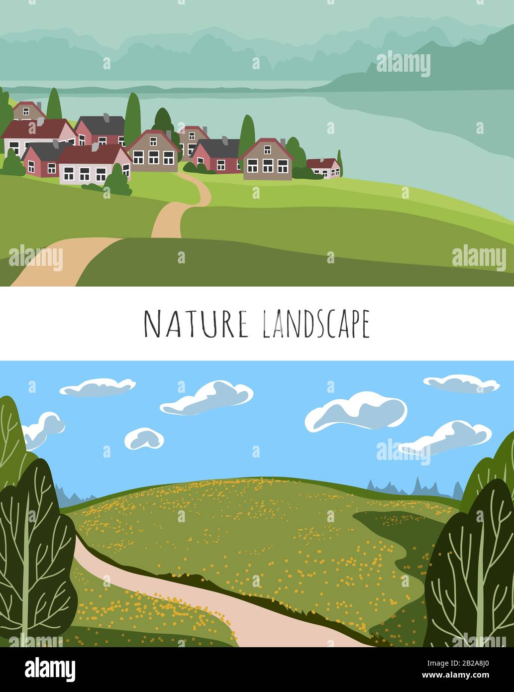 Vector Panoramadarstellung der wunderschönen Landschaft der Felder, der grünen Hügel, des von Bergen und dem Meer umgebenen Dorfes. Hintergrund im Zeichentrickfilm Stock Vektor