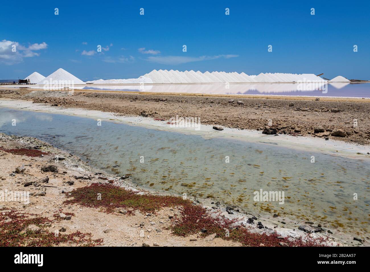 Salzsee mit Salzbergen auf der Insel Bonaire Stockfoto
