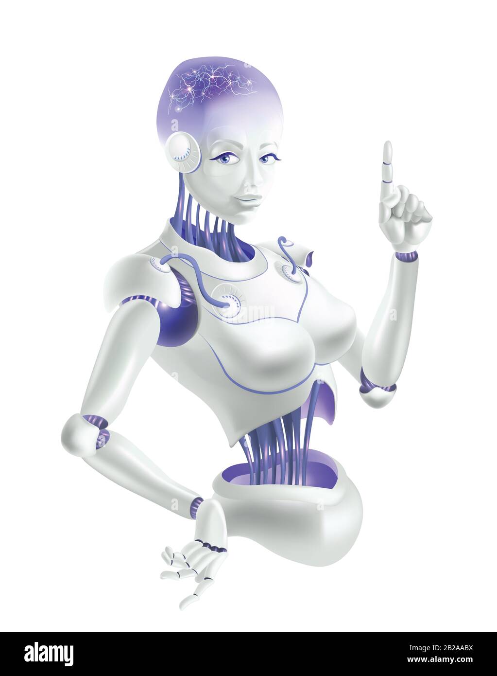 Eine Roboterfrau, die einen Zeigefinger nach oben hält. Neuronen befinden sich auf den Drähten des Roboters. Stock Vektor