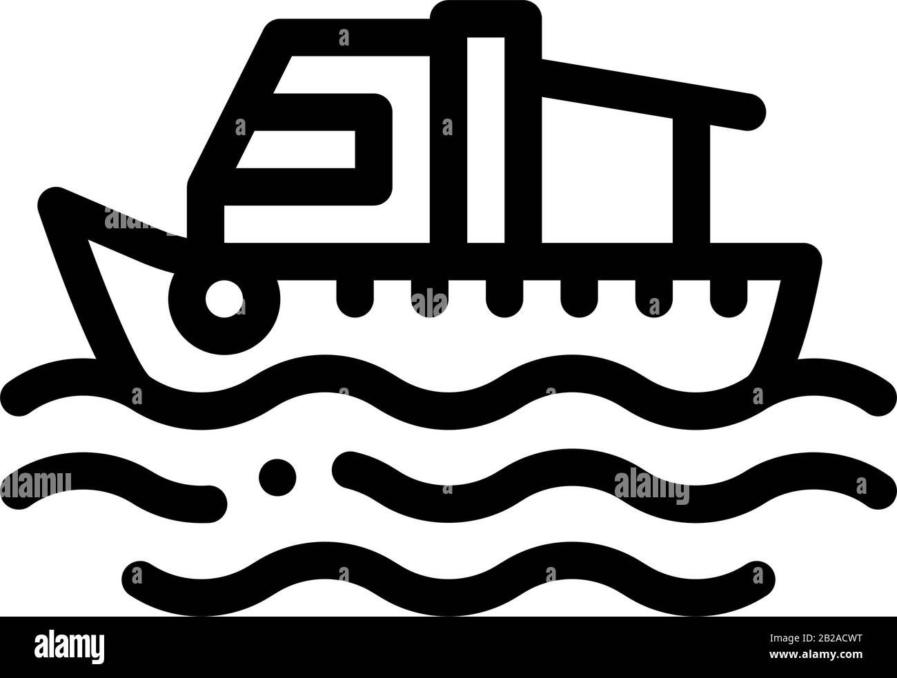 Fischerboot Auf Wasserwave Symbol Dünner Linienvektor Stock Vektor