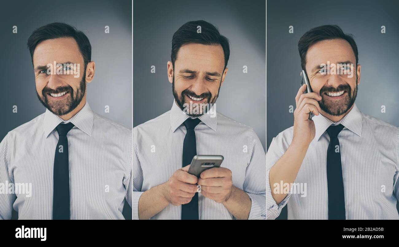 Eine lächelnde Person verwendet ein Mobiltelefon. Fotocollage. Freude und Freude über neue Technologien. Stockfoto
