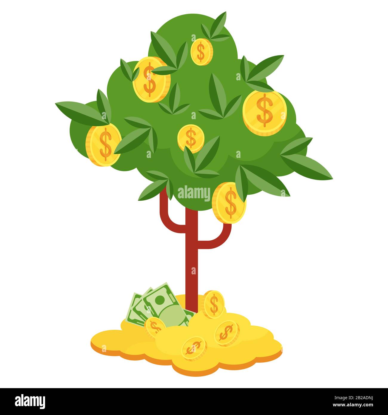 Geldbaum mit Goldmünzen und Papierdollar. Stock Vektor