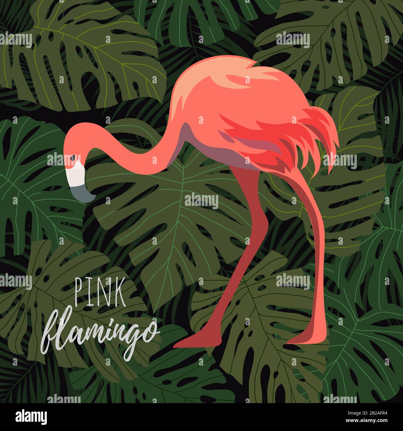 Rosafarbener Flamingo im Hintergrund mit tropischen Blättern. Cartoon-Vektor-Illustration Stock Vektor
