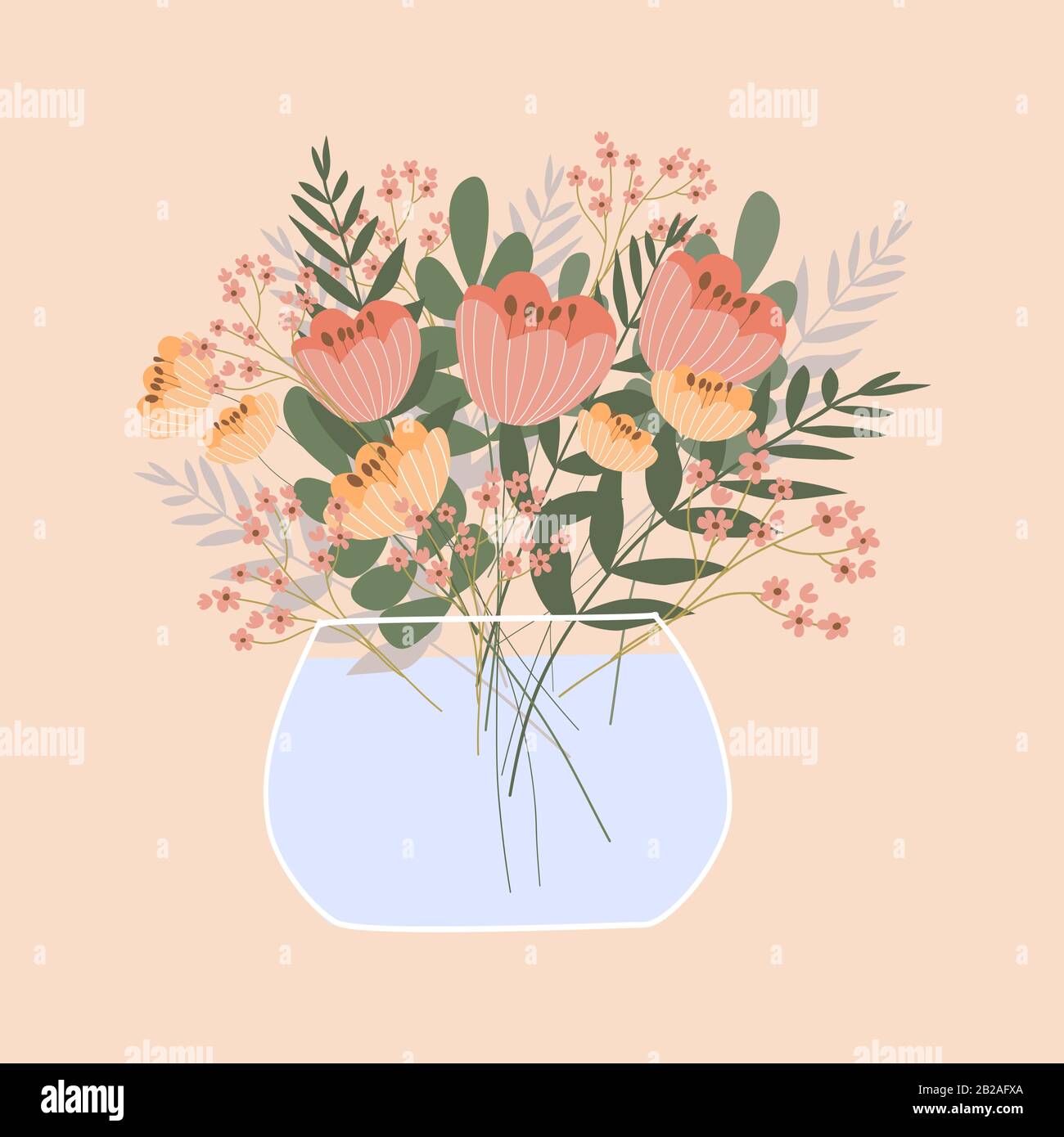 Süßer romantischer Blumenstrauß in der Vase auf pinkfarbenem Hintergrund. Vektorgrafiken. Stock Vektor