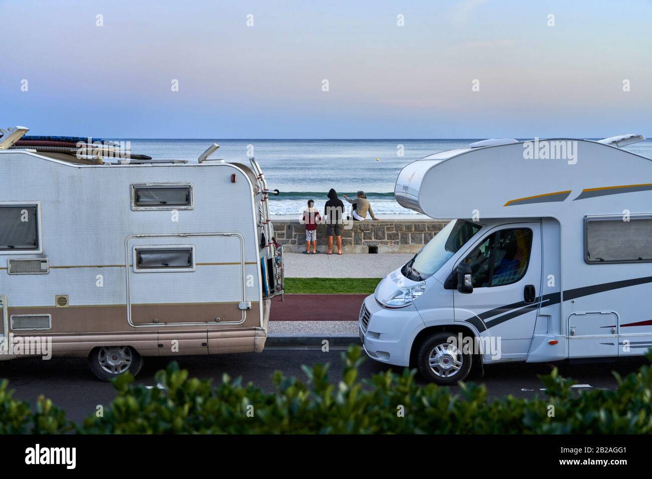 Familienurlaub, Motorheime, Strand, Hendaye, Aquitanien, Pyrenäen Atlantiques, Frankreich Stockfoto