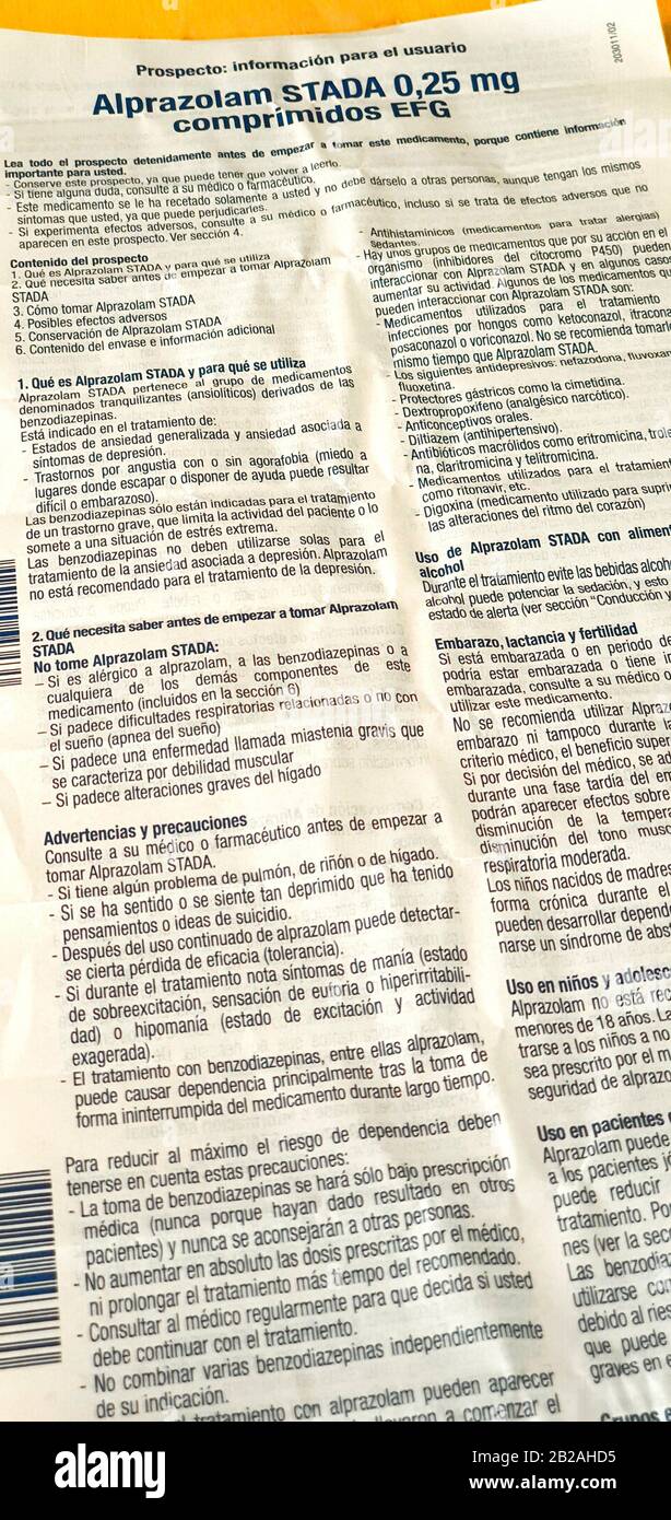 Alprazolam Informationsblatt Stockfoto