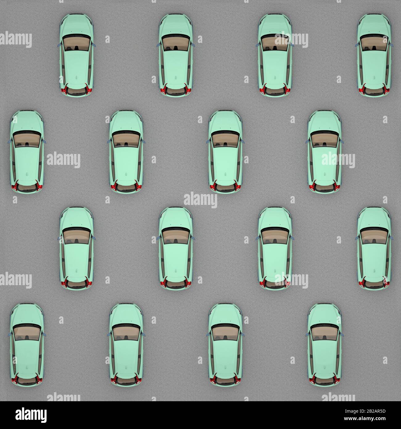 Grüne Autos gestaffelt Draufsicht. 3D-Rendering Stockfoto