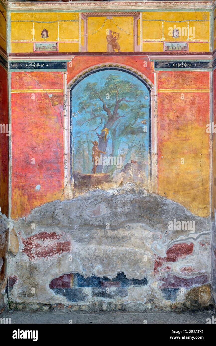 Oplontis Villa von Poppea Calidarium. Fresko, das Hercules im Garten