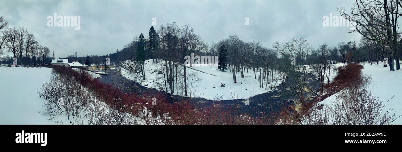 Keila-Wasserfall im Winter, Estland Stockfoto