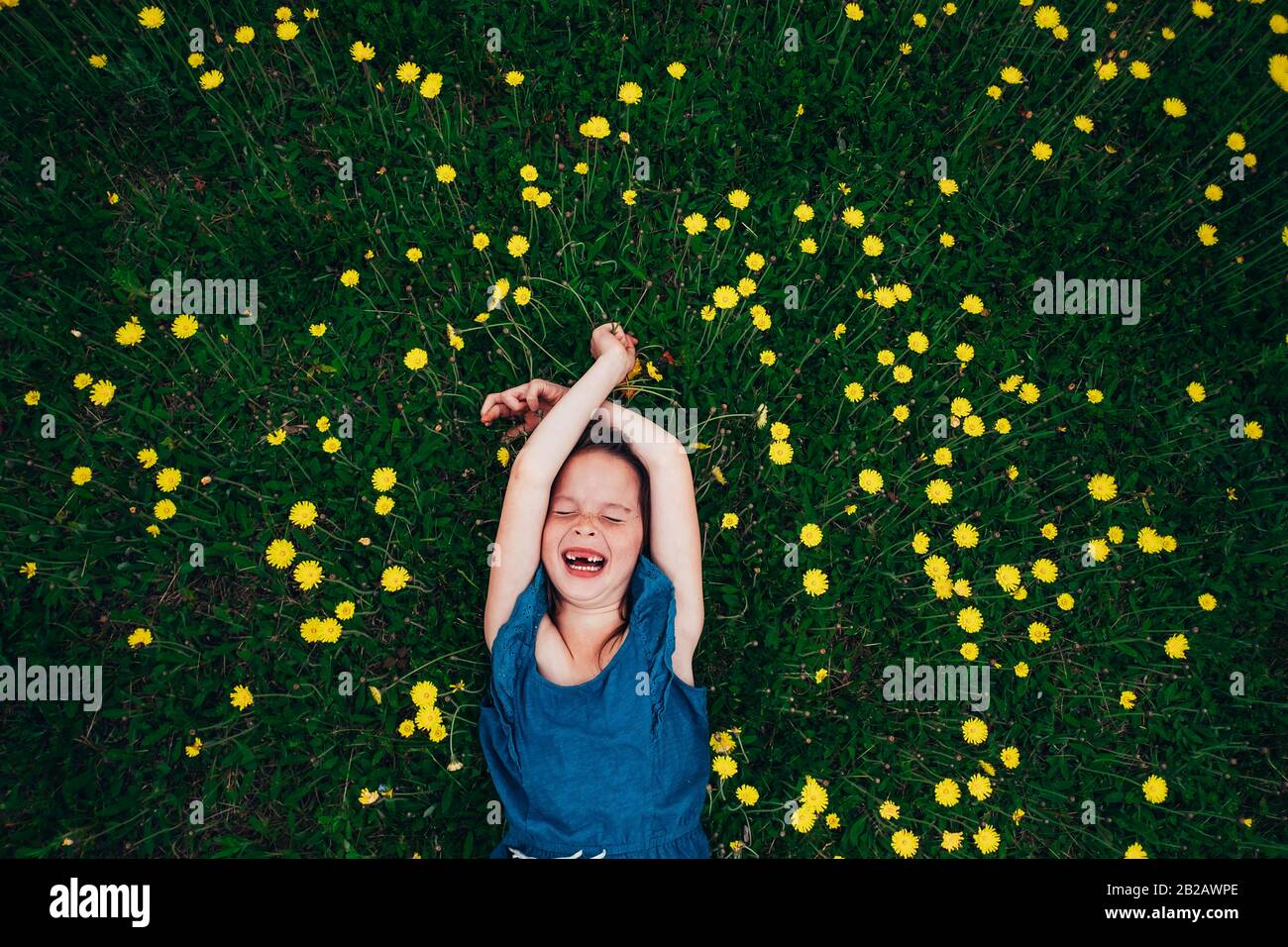 Blick auf ein glückliches Mädchen auf einer Wiese mit Wildblumen, USA Stockfoto