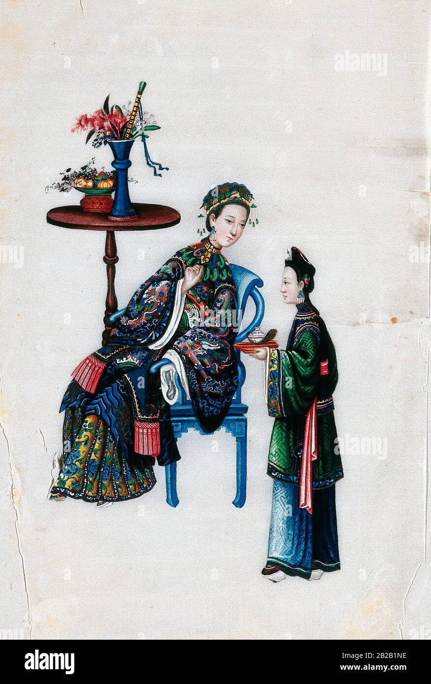 Eine chinesische Dame, die von ihrem Diener mit Tablett betreut wird, Malt Ca. 1850 Stockfoto