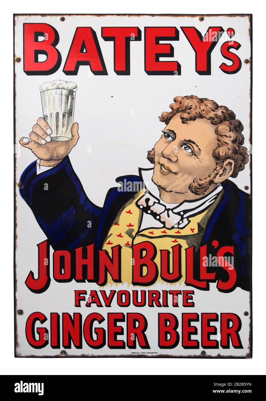 Ein farbenfrohes altes viktorianisches Emaille (Porzellan)-Schild für Bateys Ginger Beer, das darauf hinweist, dass es sich bei dem Getränk um John Bulls "Lieblingsgetränk" handelte. William Batey gründete seine Ingwer-Bierfabrik in den 1850er Jahren in Kingsland Road, Shoredisch, London, England, Großbritannien. John Bull entstand 1712 als satirischer Charakter und wurde von Dr. John Arbuthnot, einem Freund von Jonathan Swift und Alexander Pope, geschaffen. Die Figur wurde als typischer englischer Landbewohner dargestellt. Er war meist in einer buffarbenen Weste und einem einfachen Froschmantel abgebildet. Später wurde die Weste oft mit einem Flaggendesign von Union Jack gezeigt. Stockfoto